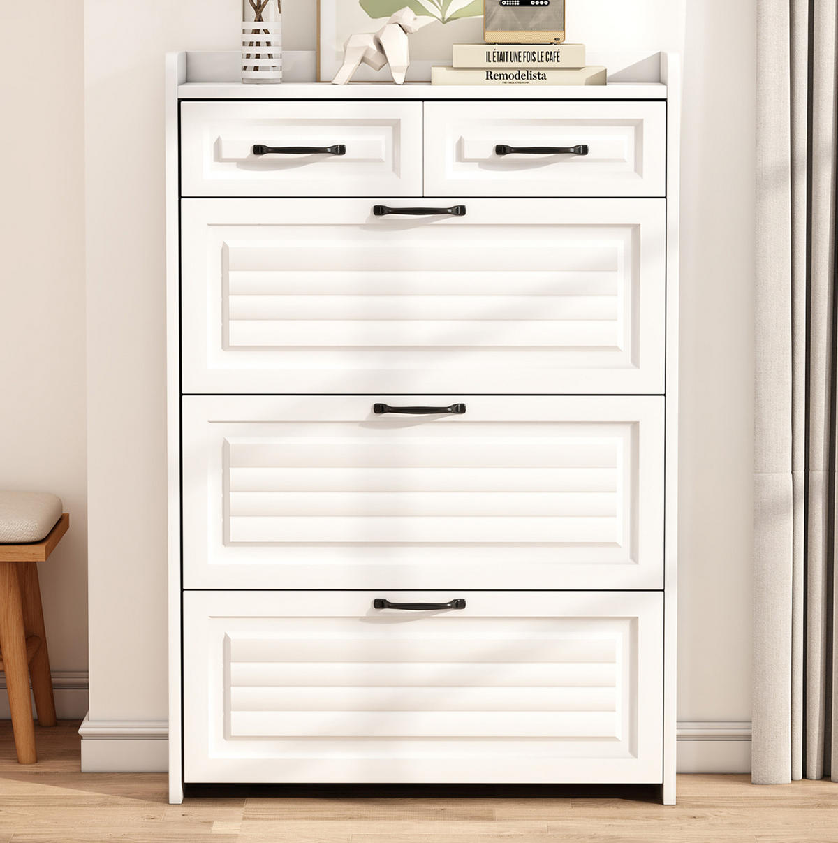 SCHUHSCHRANK aus Spanplatte 80x23,5x131cm in Weiß mit 3 Klappen & 2 Schubladen - Weiß, Holzwerkstoff (80/131/23.5cm) - Modfu