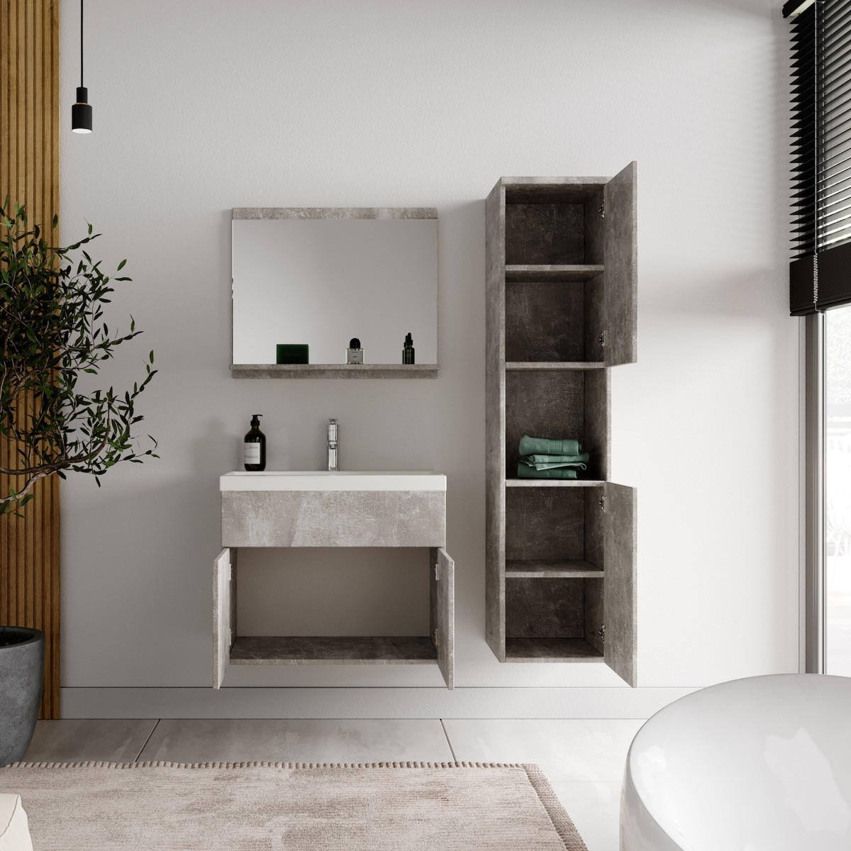 BADMÖBEL-SET Montreal 4 Teile Beton Grau - 60 x 35 x 51 cm - Grau, Holz (60/51/35cm) - Badplaats