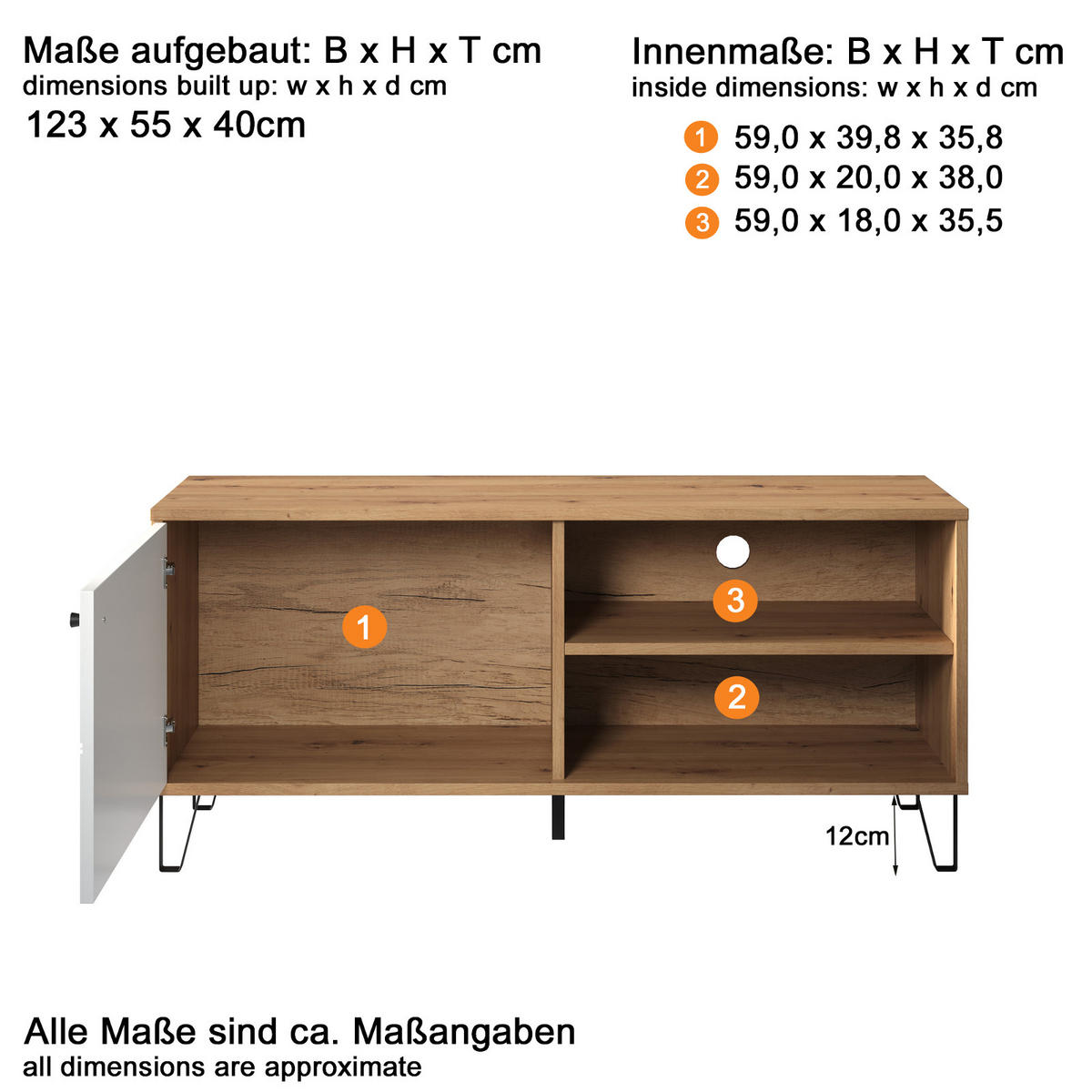 TV-LOWBOARD weiß matt, Eiche Artisan 123 cm,TV-Unterteil mit moderner Rautenoptik - Eichefarben/Schwarz, Holzwerkstoff/Kunststoff (123/56/40cm) - Top.Furn