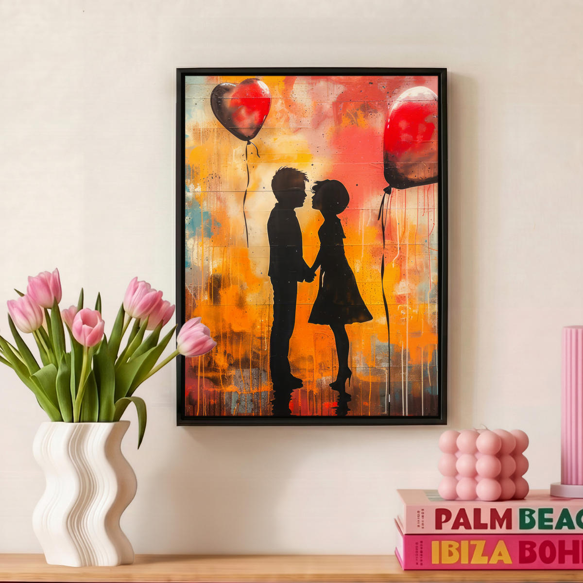 LEINWAND Bilder mit Rahmen - Straßenkunst - Liebe - Graffiti - Kunst - Banksy - 30x40 - Orange, Textil (30/40cm) - MuchoWow