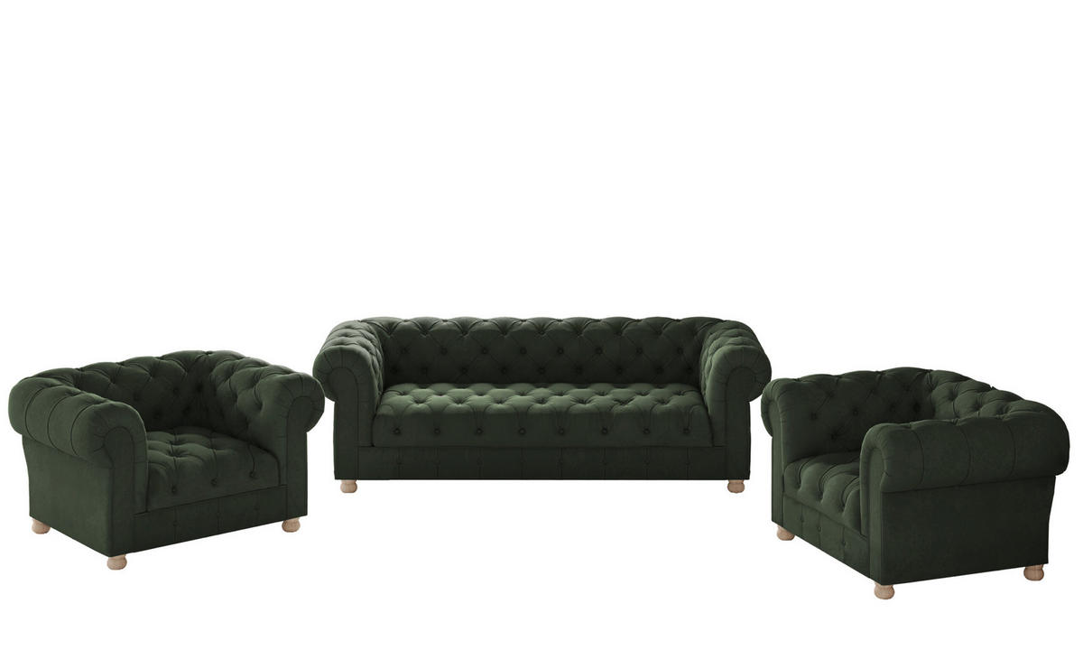 SITZGARNITUR 3+1+1 CHESTERFIELD Elegant Klassisch Schick Stoff Whisper Grün - Grün, Holz (202/77/90cm) - Kaiser Möbel