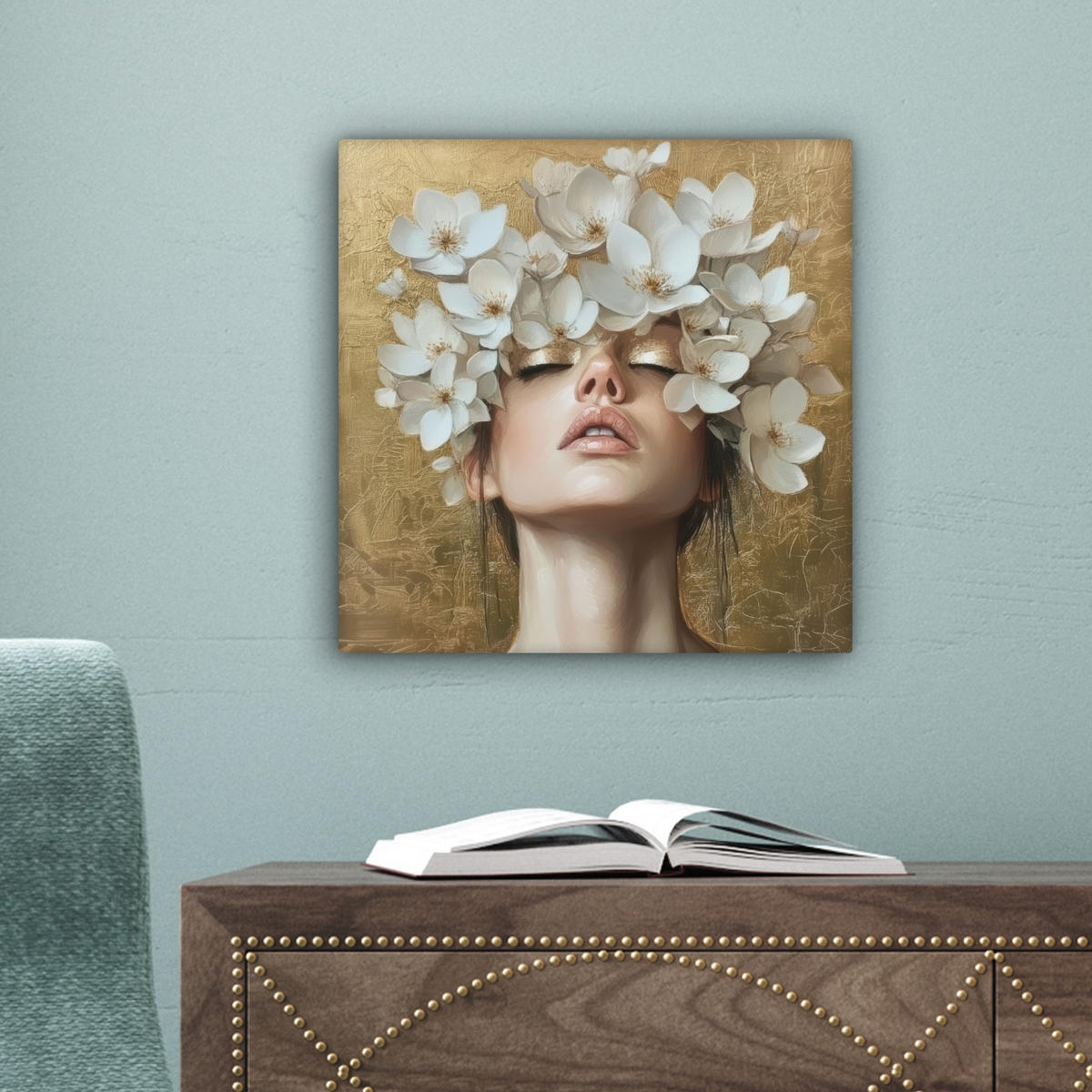 LEINWANDBILD Gesicht - Blumen - Gold - Abstrakt Deko Wohnzimmer 20x20 cm - Goldfarben, Textil (20/20cm) - MuchoWow