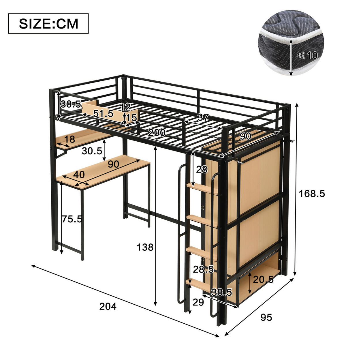 HOCHBETT 90/200 cm Schwarz/Natur aus Metall und Holzwerkstoff mit Kleiderschrank und Schreibtisch - Schwarz, Metall (90/200cm) - OKMYHOME