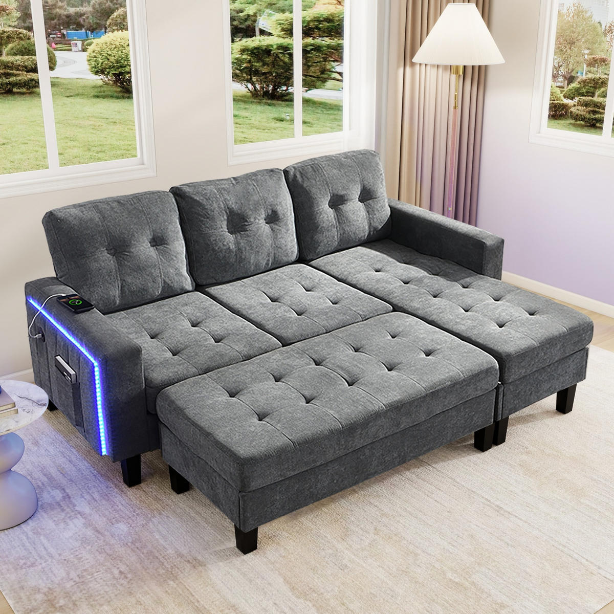 ECKSOFA 185/135/85 cm mit Schlaffunktion Antique Gray aus Chenille mit LED und USB - Grau, Kunststoff (135/185cm) - OKWISH