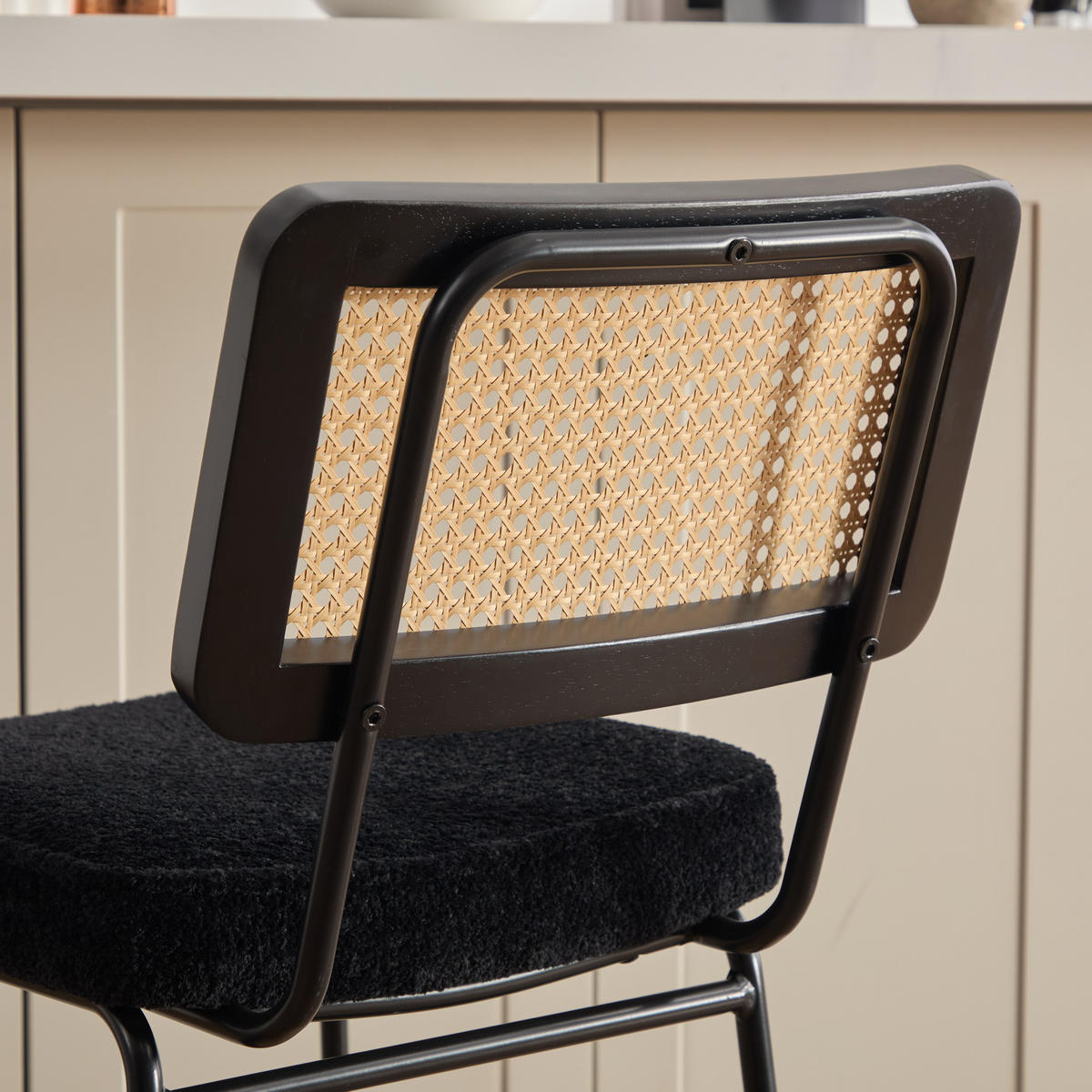 BARHOCKER DE-36881 2er-Set mit Chenille-Bezug und Rattan-Optik Schwarz - Schwarz, Metall (59.8/96.5/46.2cm) - ComfortXL