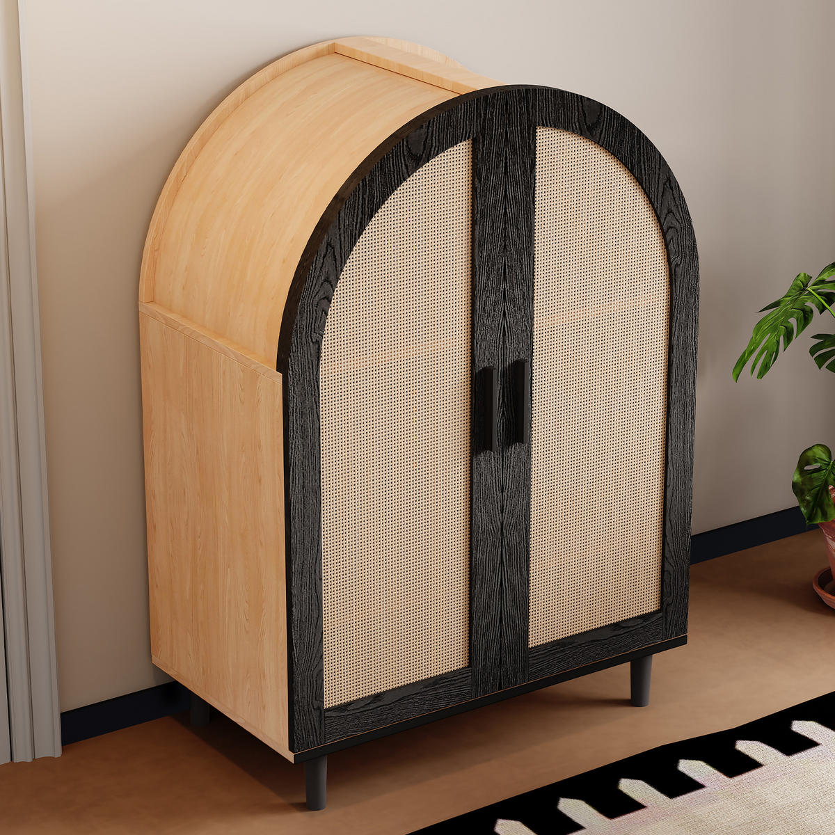 SCHUHSCHRANK für 12–15 Paar Schuhe, mit Rattantüren und Metallbeinen, 70/40/100 cm, Schwarz und Holz - Naturfarben, Holzwerkstoff (70/40/100cm) - Redom