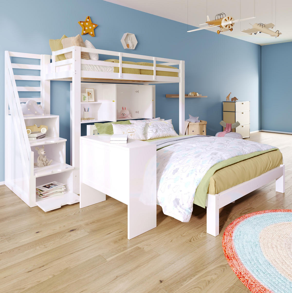 ETAGENBETT 90/200 + 140/200 cm aus Massivholz und MDF mit Aufbewahrungstreppe und Regal Weiß - Weiß, Holz (90/200cm) - Modenvie