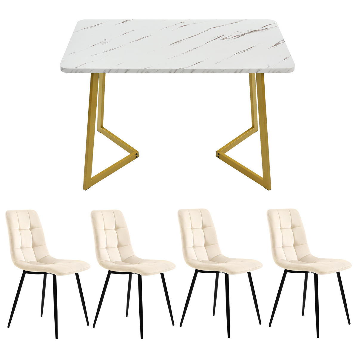 ESSTISCHSET 117 Cm 4 Stühle, Samt Beige, Gold Beine - Beige, Holzwerkstoff (117/75/68cm) - FLIEKS