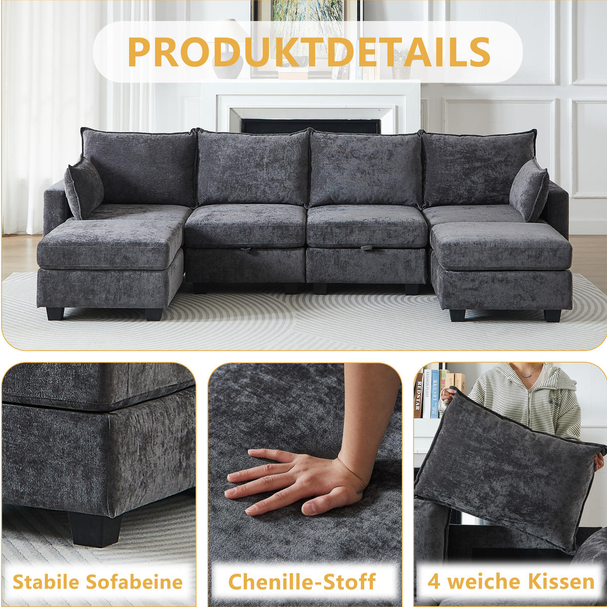 WOHNLANDSCHAFT DE-34550 U-Form mit Stauraum und 6-Sitzer Grau - Grau, Textil (141/87.6/289.6cm) - ComfortXL