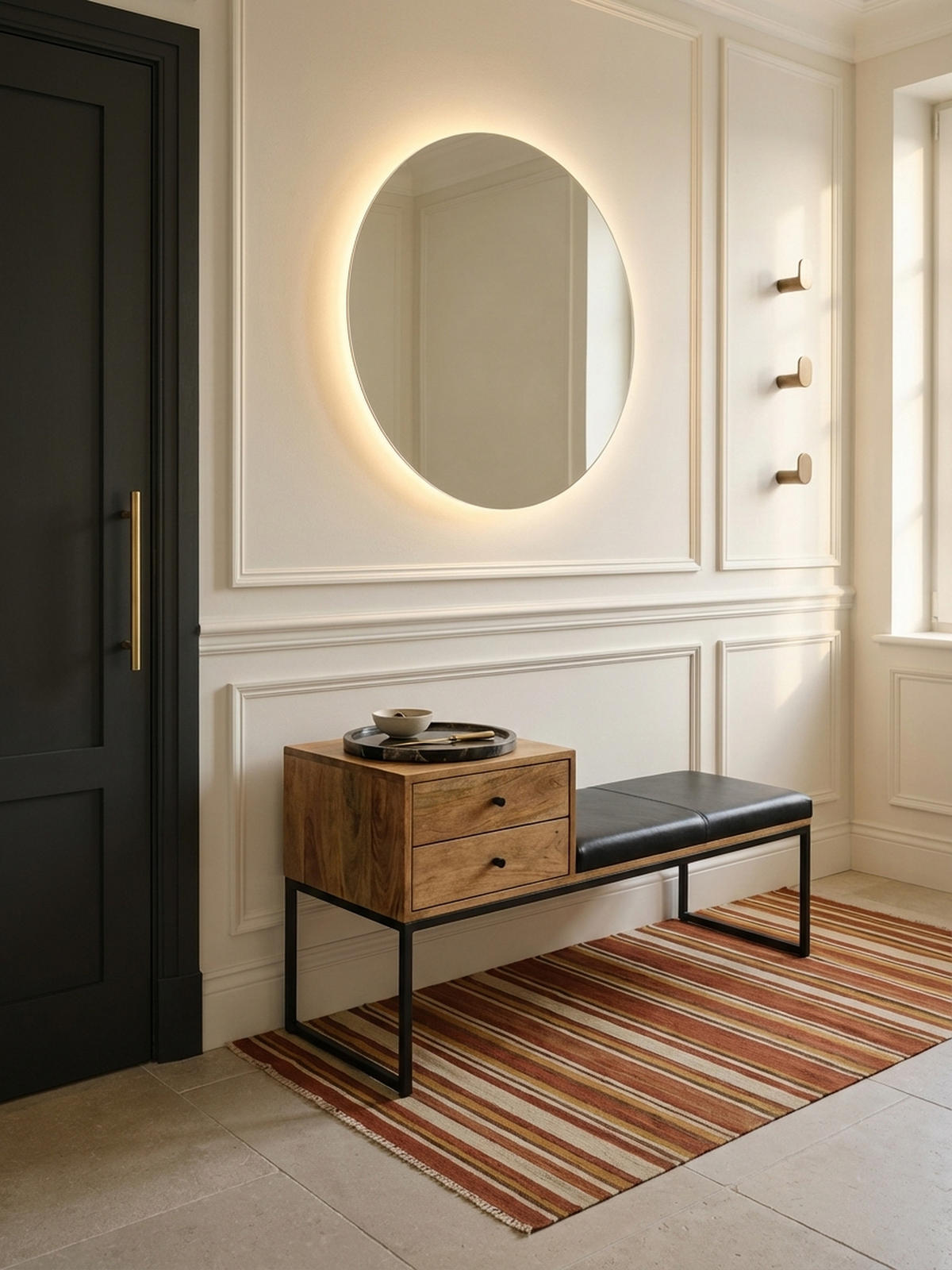 SITZBANK – Ziegenleder/Metall, Schubladen, Retro-Stil - Schwarz/Braun, Leder/Metall (100/60/35cm) - KADIMA DESIGN