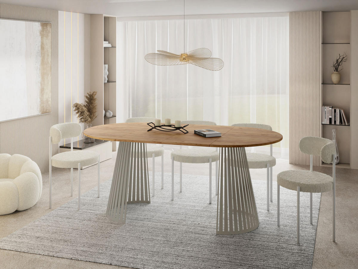 ESSTISCH Naro rund ausziehbar mit Lamellen-Metallgestell in Grau-Beige, Braun 120-200/120/76 cm - Kaschmir/Eiche Wotan, Holzwerkstoff/Metall (120/120/76cm) - WFL GROUP