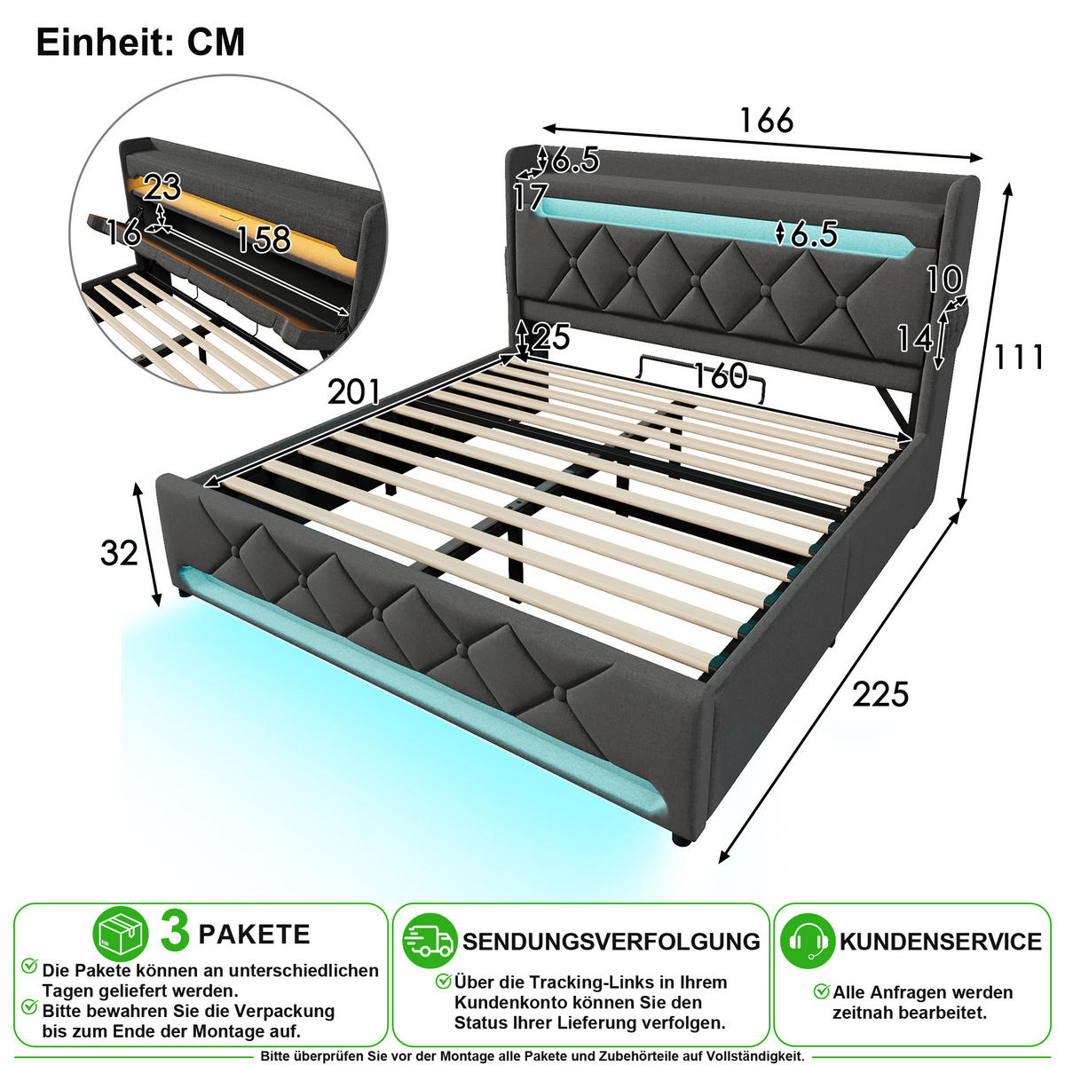 POLSTERBETT 160/200 cm in Grau mit Bettkasten, LED, USB und Matratze aus Leinen - Grau, Holzwerkstoff/Textil (160/200cm) - CHICFURN