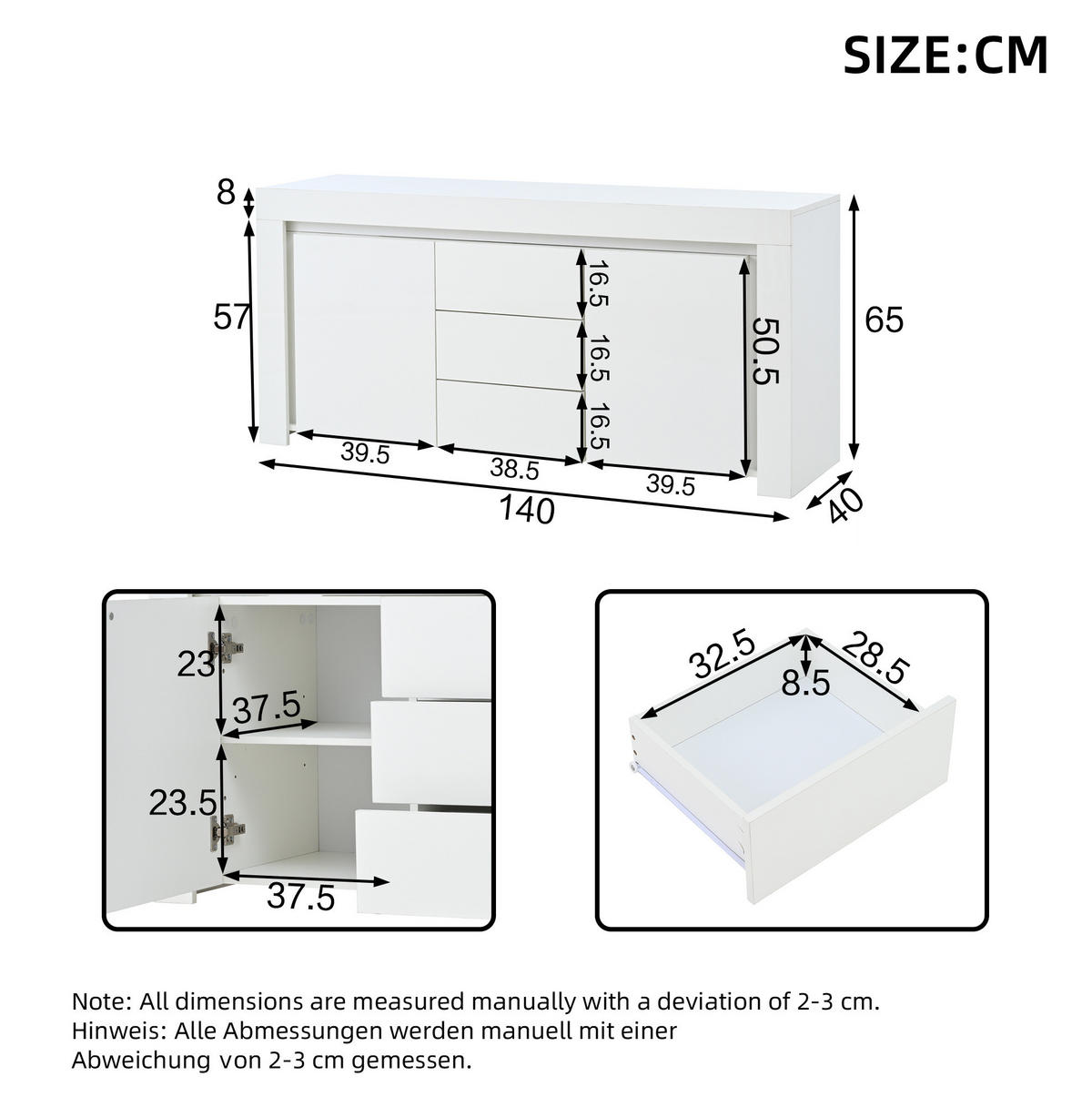 SIDEBOARD 140/40/65 cm Weiß aus MDF mit LED und Hochglanzfront - Weiß, Holzwerkstoff (140/65/40cm) - OKWISH