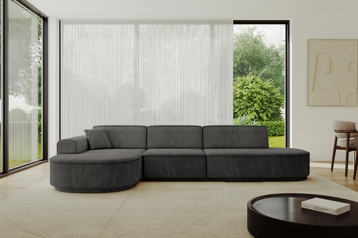 ECKSOFA Ottomane Links MARI-L2-v3 - 328x171x83 cm Dunkelgrau Velours - Dunkelgrau/Schwarz, Holzwerkstoff/Kunststoff (328/171cm) - ALTDECOR