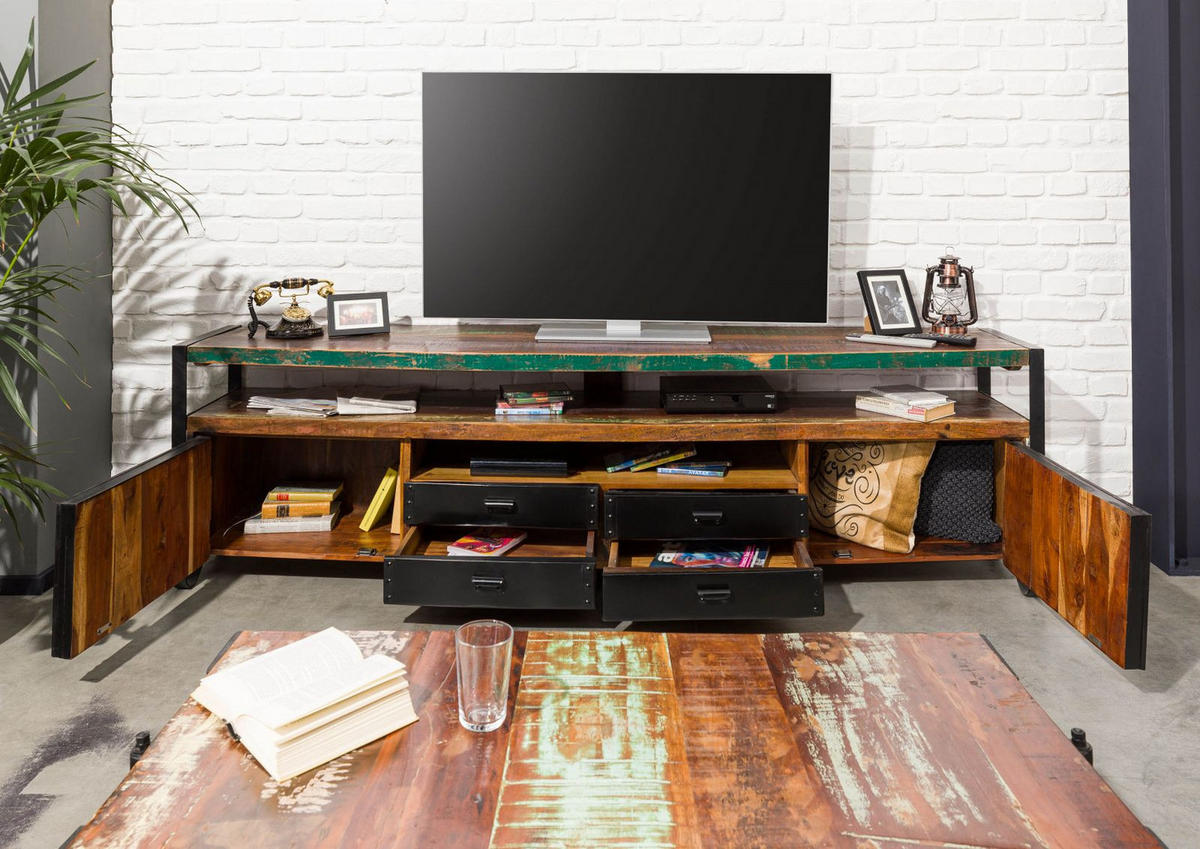 TV-BOARD Altholz 238x43x70 mehrfarbig lackiert INDUSTRIAL #107 - Multicolor, Holz (238/70/43cm) - Massivmoebel24