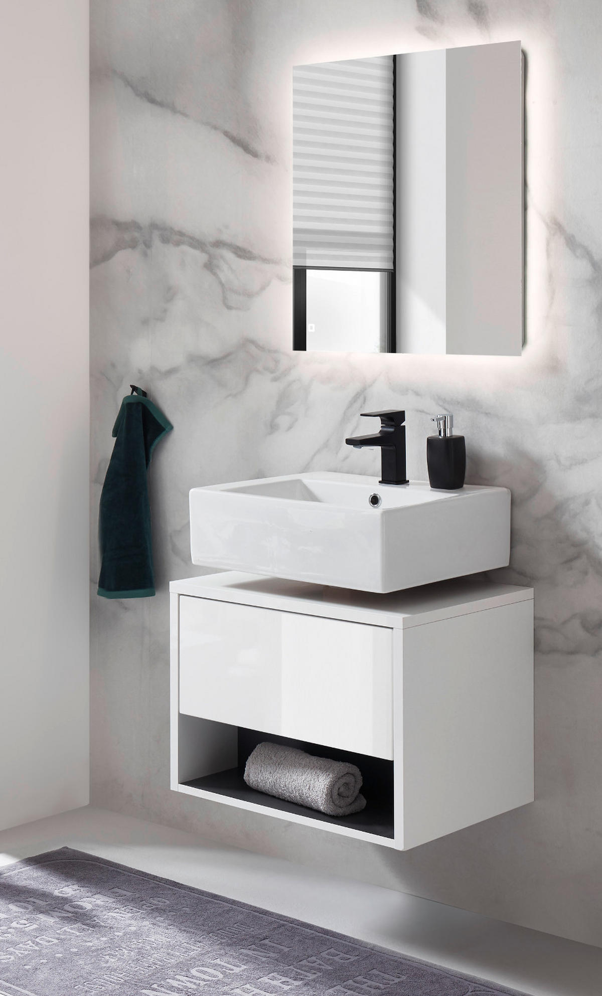 BADMÖBEL Set 2-teilig in weiß Hochglanz und grau mit LED Beleuchtung 60 x 190 cm Glide - Weiß Hochglanz/Grau, Glas/Holzwerkstoff (60/190/46cm) - Furn.Design