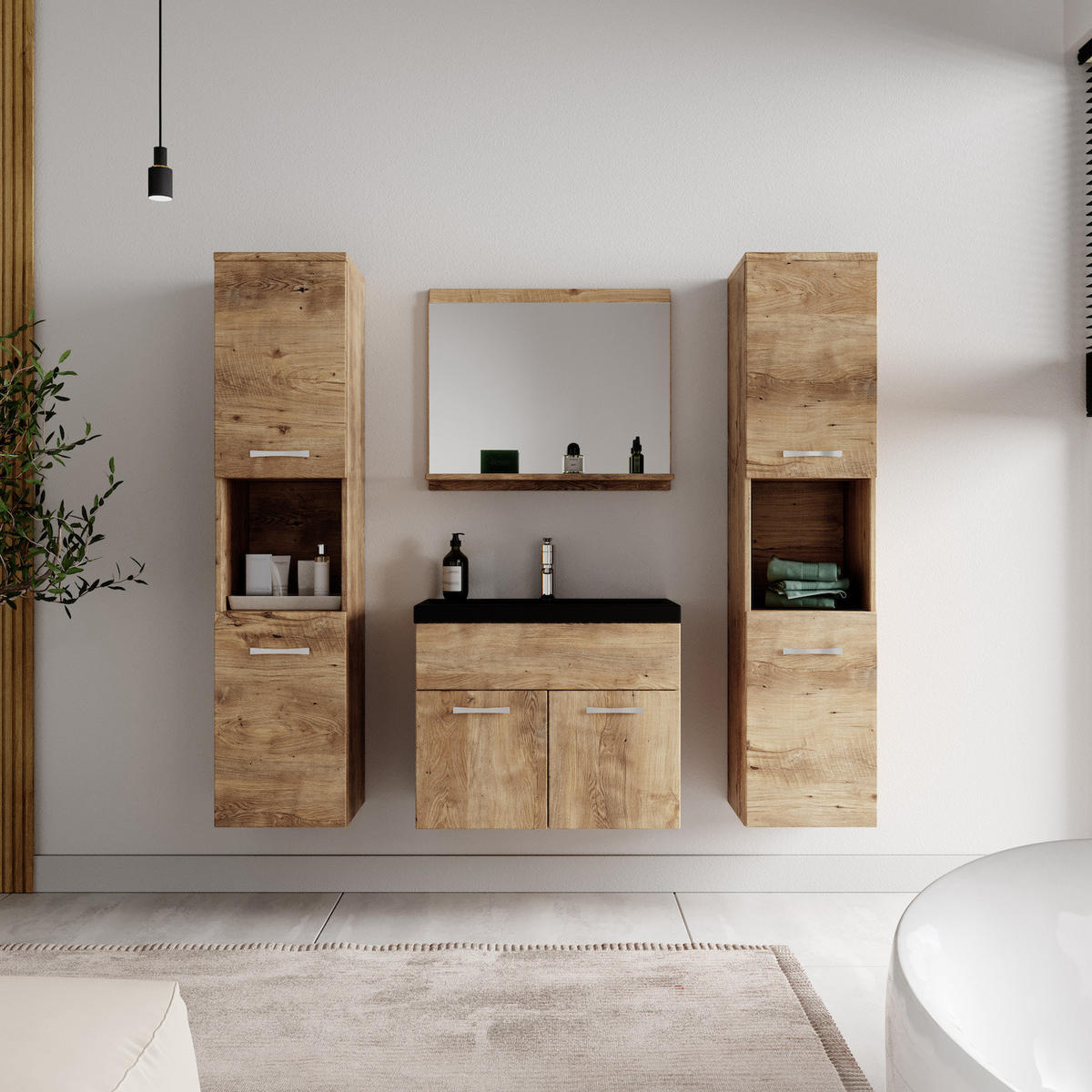 BADMÖBEL-SET Montreal 5 Teile Kastanien Eiche - 60 x 35 x 51 cm - Eichefarben/Schwarz, Holz (60/51/35cm) - Badplaats