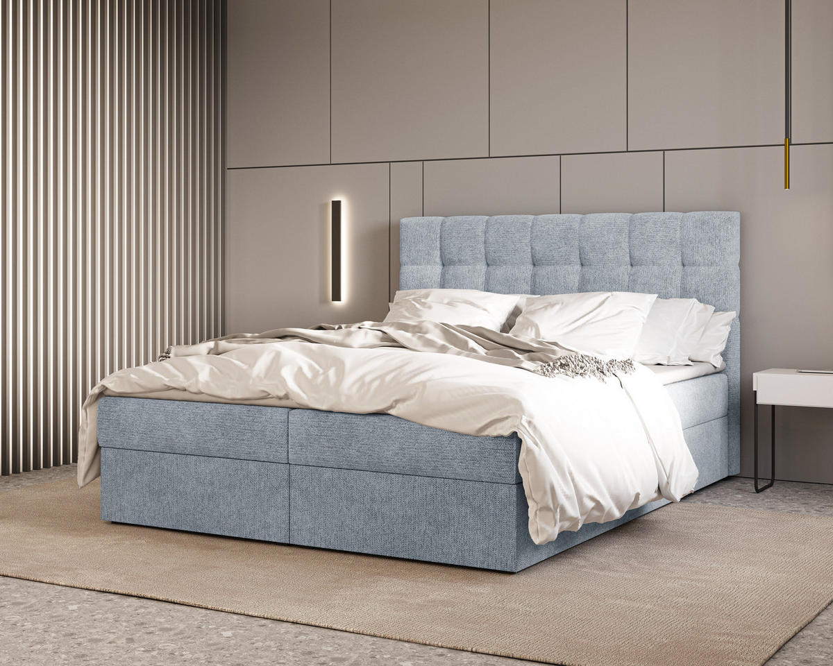 BOXBETT - Bett 05 OSLO - Aragon - 140x200 cm - mit Bettkasten und Komfort-Topper - Blau, Holz (140/200cm) - ROYAL24_MARKT