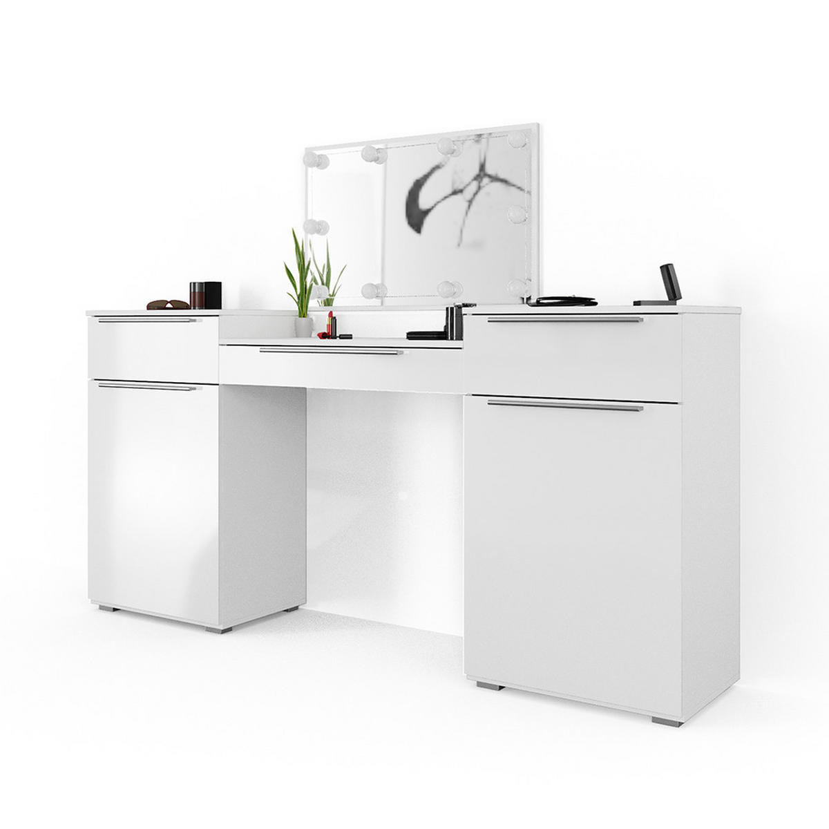 SCHMINKTISCH Lilli Weiß 190 cm mit LED Beleuchtung - Weiß, Holzwerkstoff (190/90/39cm) - Vicco