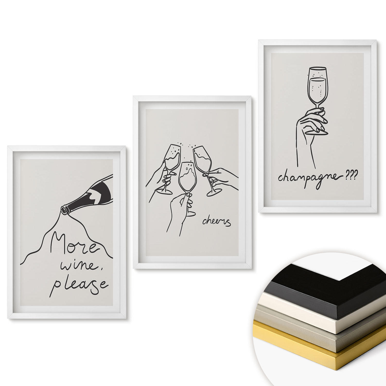 WANDBILDER 3er-Set - 40x60 cm Weißer Rahmen - Champagner-Wein-Linienzeichnung - Weiß, Kunststoff (40/60cm) - ArtPrintCave