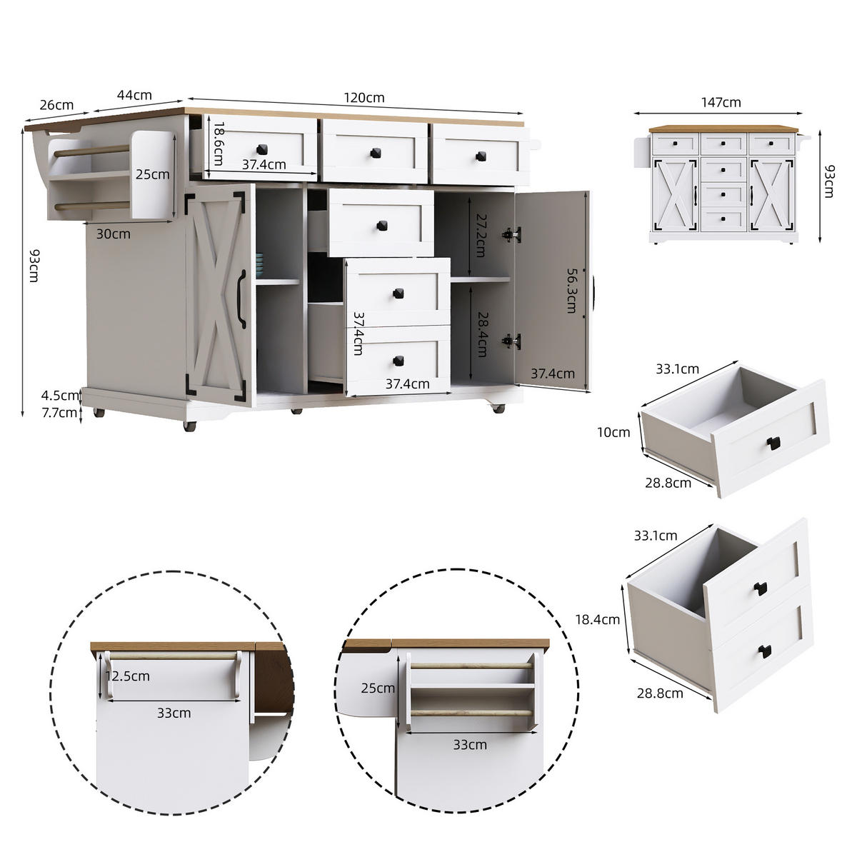 KLAPP-SERVIERWAGEN Kücheninsel faltbar 147x44-70x93cm Weiß aus Metall und MDF - Weiß, Holzwerkstoff (147/93/70cm) - Modfu