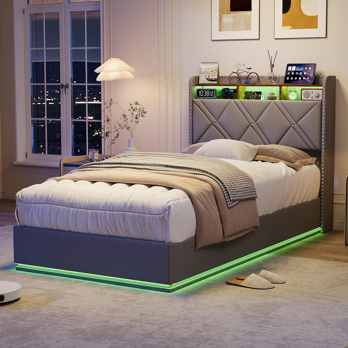 POLSTERBETT 90/200 cm Grau mit hydraulischem Stauraum, LED mit Ablage und USB - Grau, Metall (90/200cm) - EuroLiving