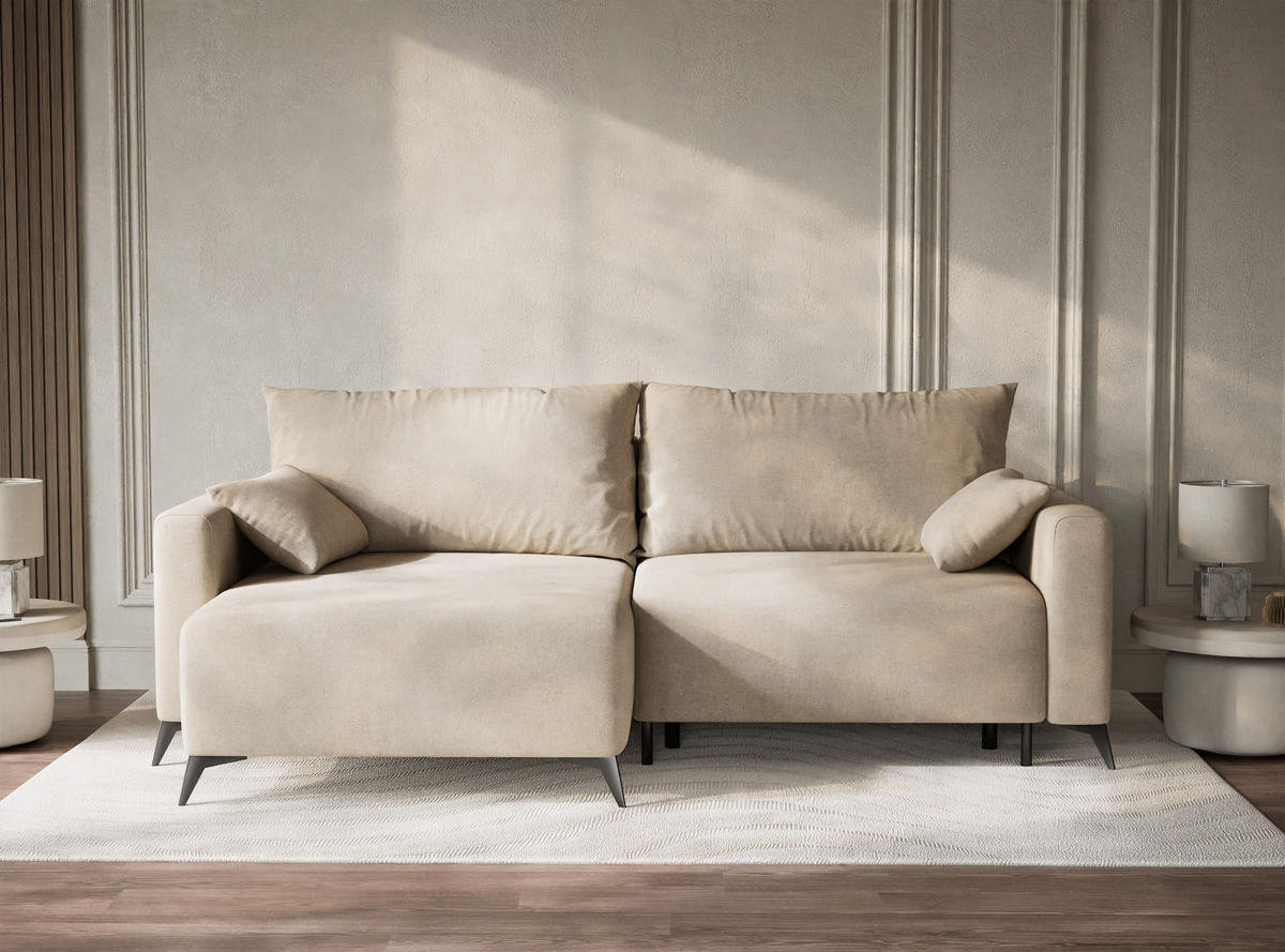 ECKSOFA MIT SCHLAFFUNKTION Leon Beige Webstoff - Beige/Schwarz, Holz/Holzwerkstoff (148/239cm) - Maison de Reve