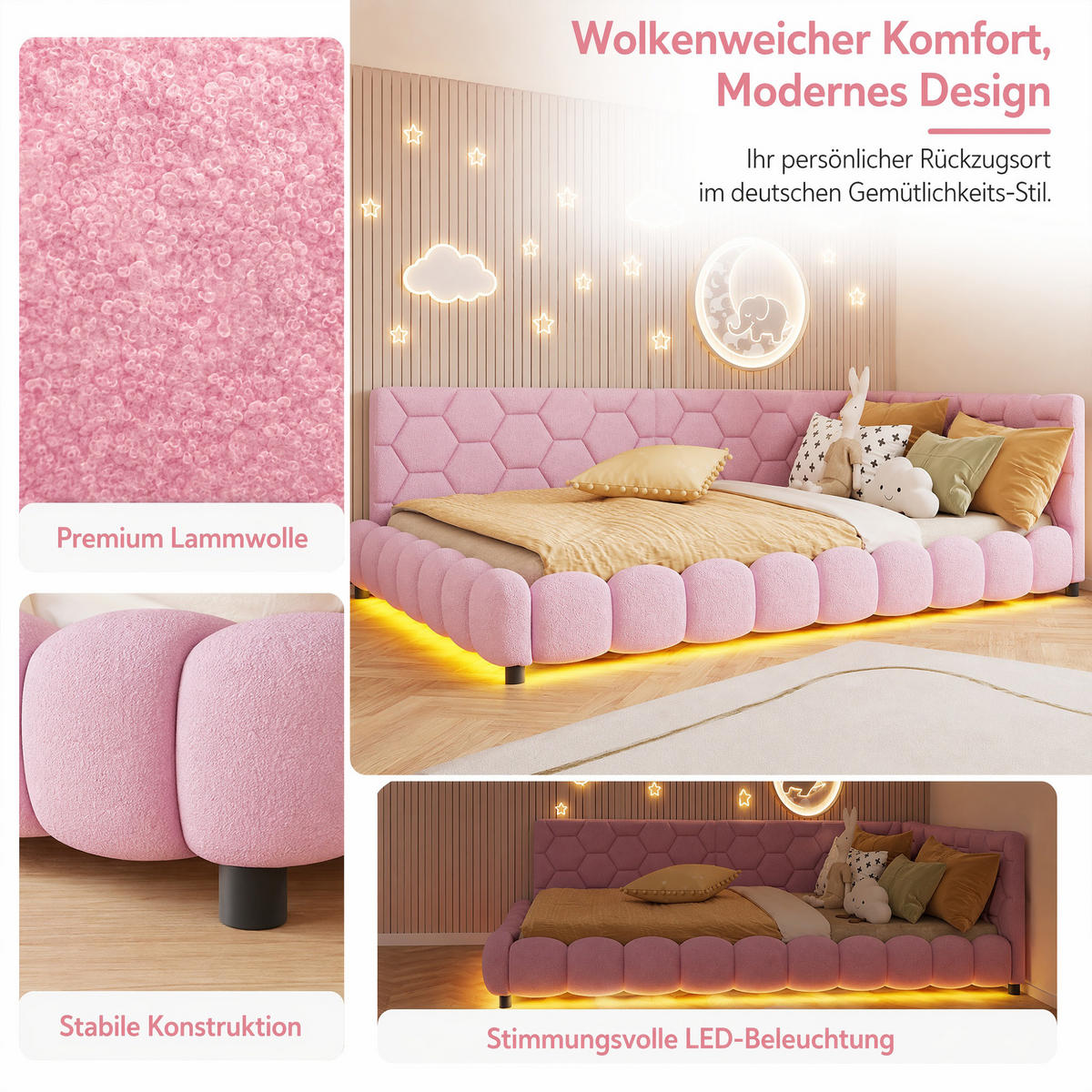 POLSTERBETT 140x200 mit USB und LED, Doppelbett 140x200 cm mit Lattenrost, Jugendbett, Samt, Rosa - Pink, Holz/Textil (140/200cm) - GENKI LIVING