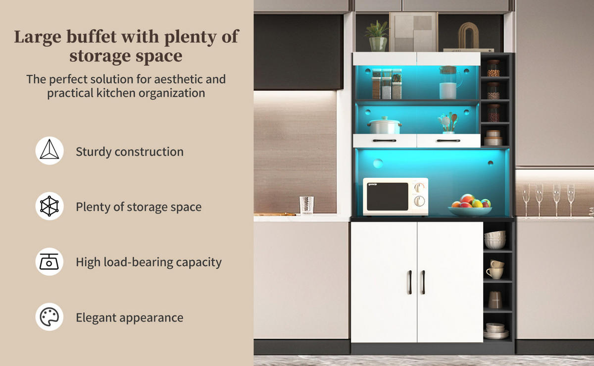 BUFFET 100/187/47 cm Grau/Weiß aus MDF mit LED-Beleuchtung - Weiß, Holzwerkstoff (47/187/100cm) - OKMYHOME