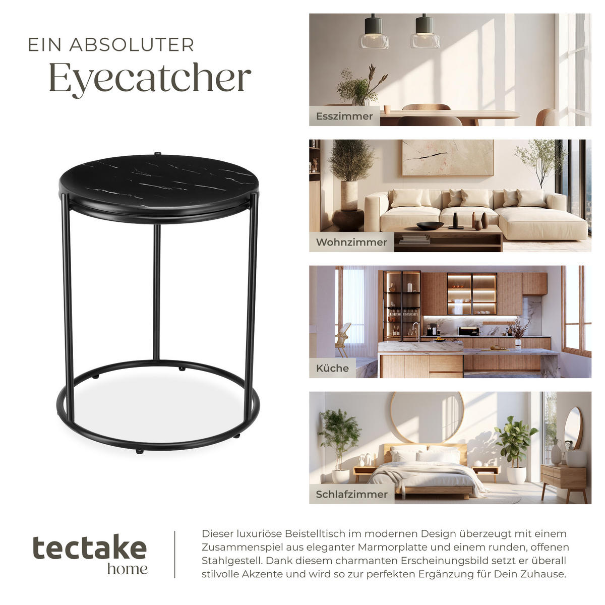 BEISTELLTISCH Ellsa,43 x 43 x 50,5 cm,schwarz/schwarz - Schwarz, Stein (43/43/50.5cm) - tectake