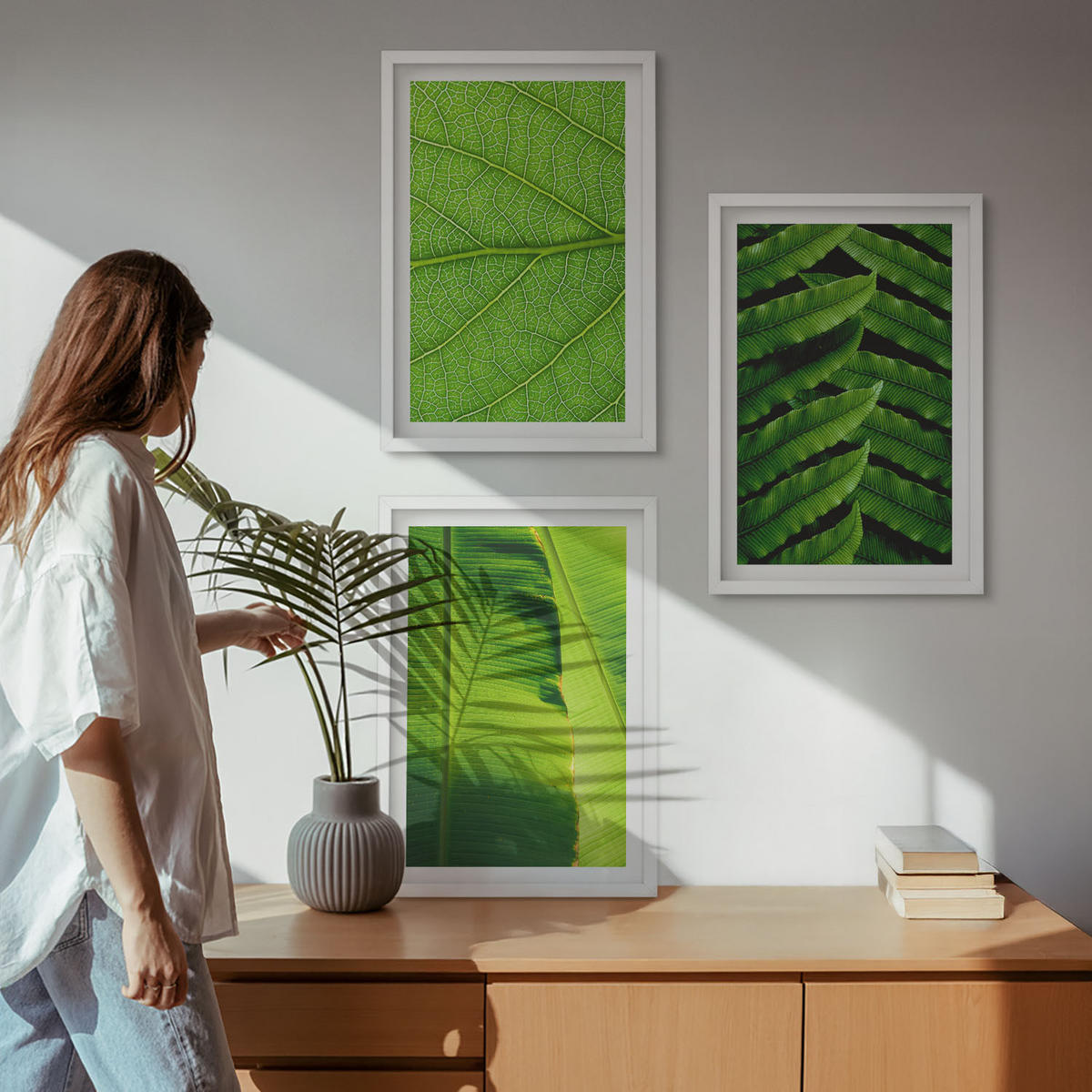 BILDER SET 3er Set - 40x60 cm Weißer Rahmen - Makrofotografie von tropischen Blättern - Weiß, Kunststoff (40/60cm) - TULUP