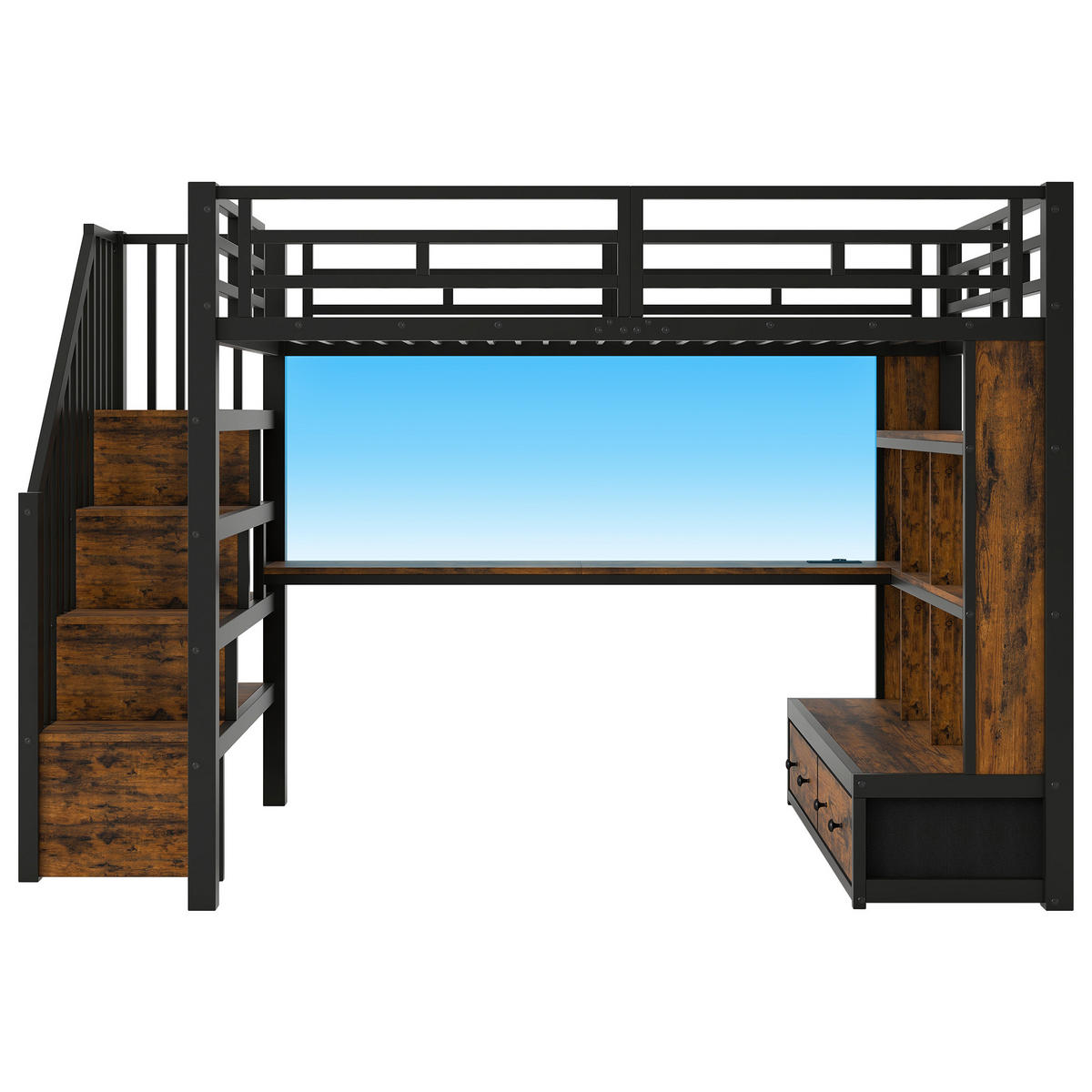 HOCHBETT 140/200 cm DE-03429, mit Schreibtisch, Regalen und zwei Schubladen, in Schwarz - Schwarz, Holzwerkstoff/Metall (140/200cm) - ComfortXL