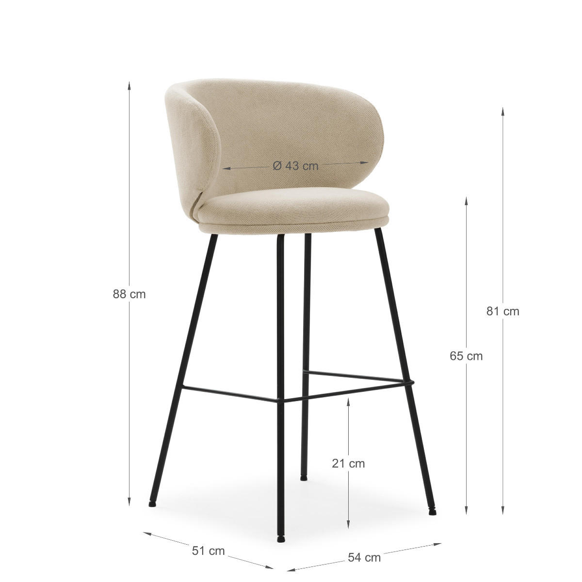 BARHOCKER (Set aus 2) aus Stoff mit schwarzen Metallbeinen - rush 56/53/65 cm - Beige, Textil (53/65/56cm) - Calicosy