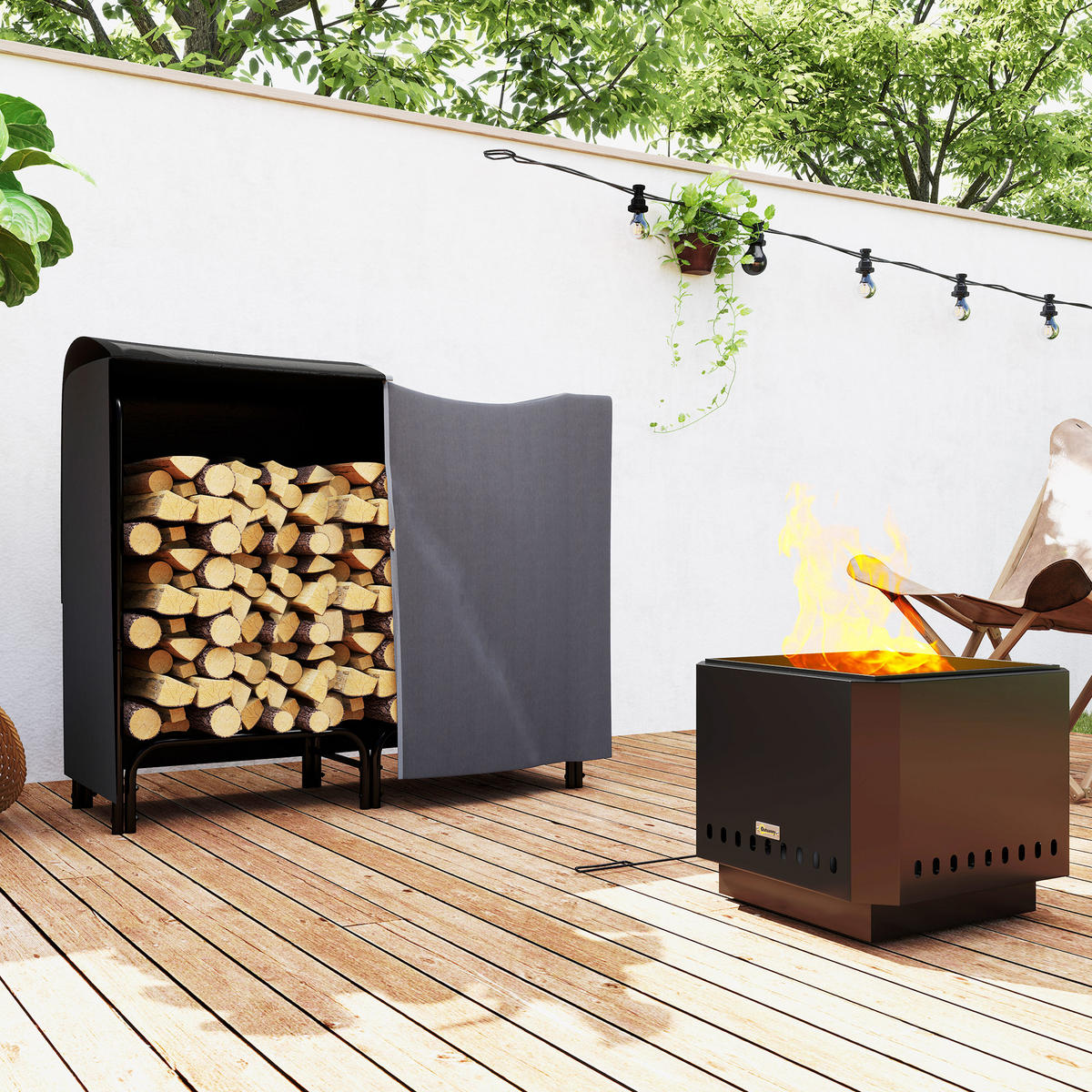 KAMINHOLZREGAL bis 150 kg - Schwarz, Metall (36/99/120cm) - Outsunny
