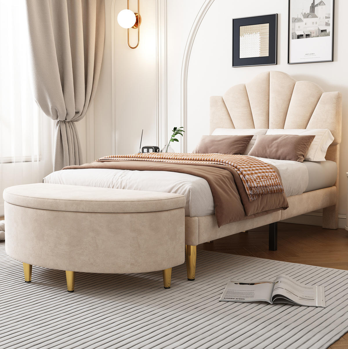 POLSTERBETT 90/200 cm Beige aus Samt mit verstellbarem Kopfteil - Beige, Textil - OKMYHOME