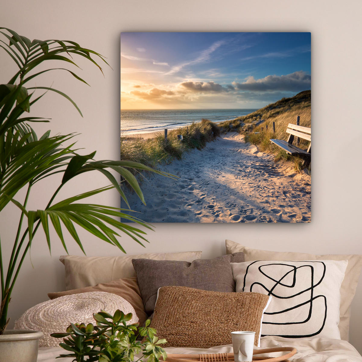 LEINWANDBILD - Sonnenuntergang - Strand - Düne - Gras - Ufer - 90x90 - Gemälde - Sandfarben, Textil (90/90cm) - MuchoWow