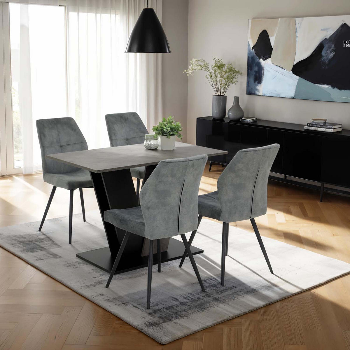 ESSGRUPPE Neelia, 5 tlg. - Tisch Betonoptik, 4 Stühle Grau - Schwarz/Grau, Holzwerkstoff/Textil (140/76/80cm) - Möbel Stellbrink