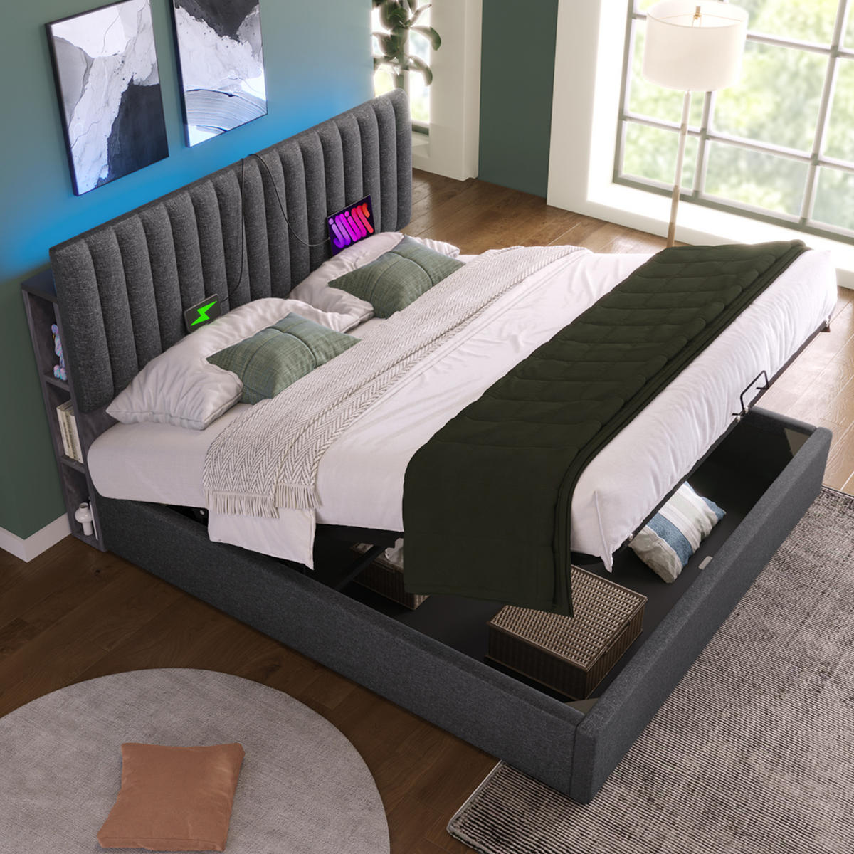 POLSTERBETT 160/200 cm grau mit Stauraum und LED-App-Steuerung - Grau, Textil (160/200cm) - OKWISH