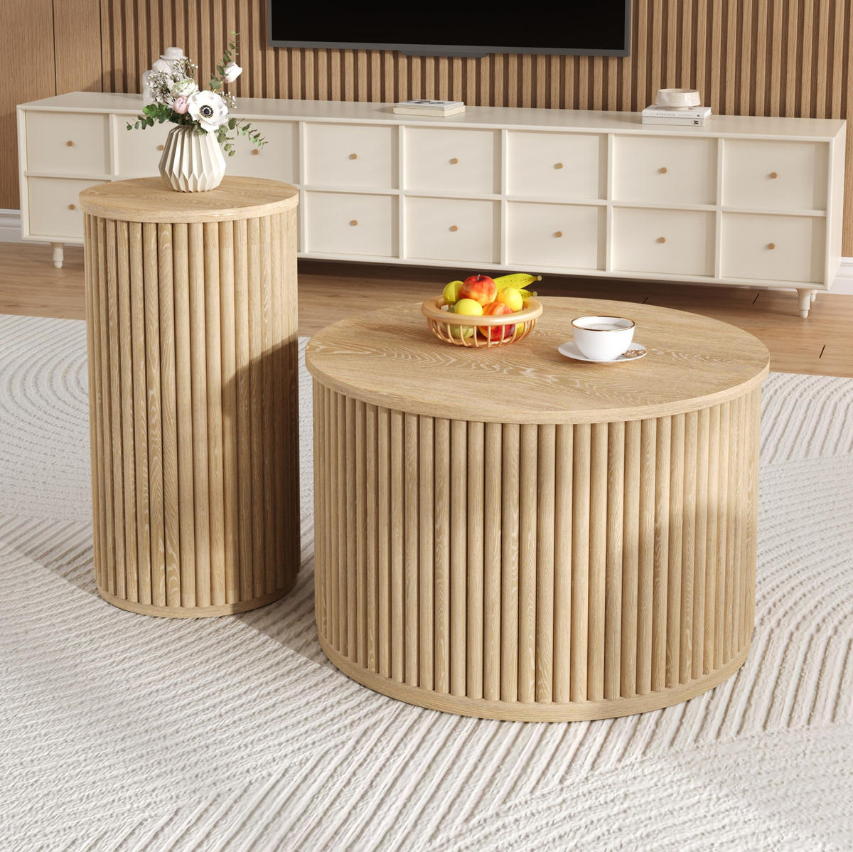 COUCHTISCH-SET 60/60/38,5 + 30/30/56 cm in Natur mit 3D-Streifenoptik - Naturfarben, Holzwerkstoff (60/60/38.5cm) - Flora Grace