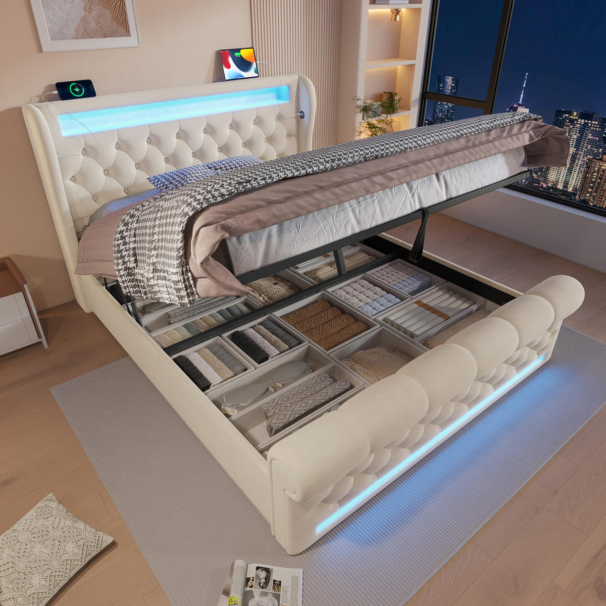 POLSTER DOPPELBETT 160x200cm mit LED USB-C & Hydraulik Stauraum Beige - Beige, Holz (160/200cm) - FLIEKS