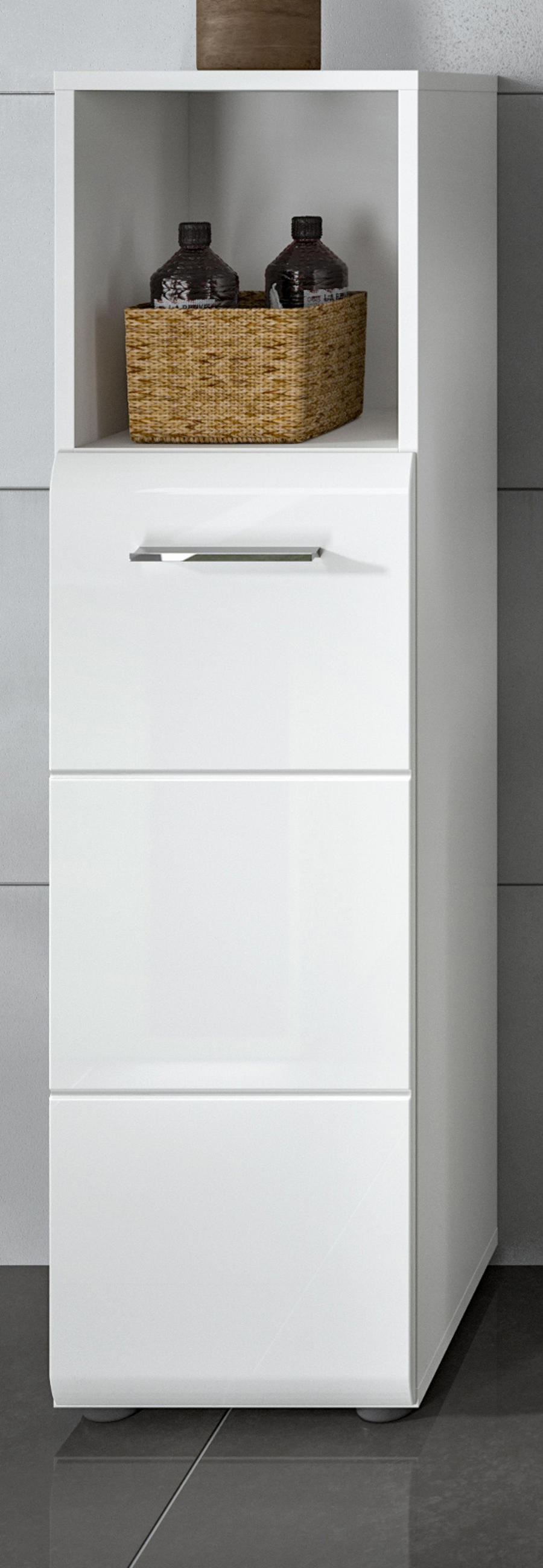 BADKOMMODE weiß Hochglanz, Badezimmer Kommode 30 cm - Weiß Hochglanz/Silberfarben, Holzwerkstoff/Kunststoff (30/110/30cm) - Inn.Furn