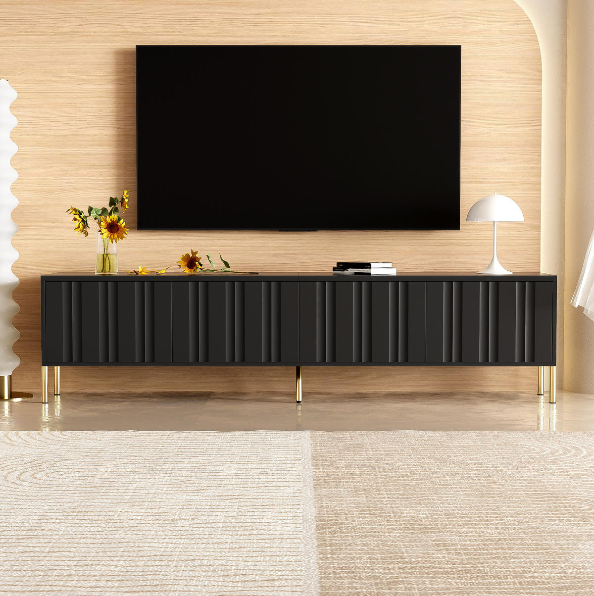 TV-SCHRANK 190/38/48 cm schwarz aus MDF mit gerillten Türen - Schwarz, Holzwerkstoff (190/48/38cm) - OKWISH