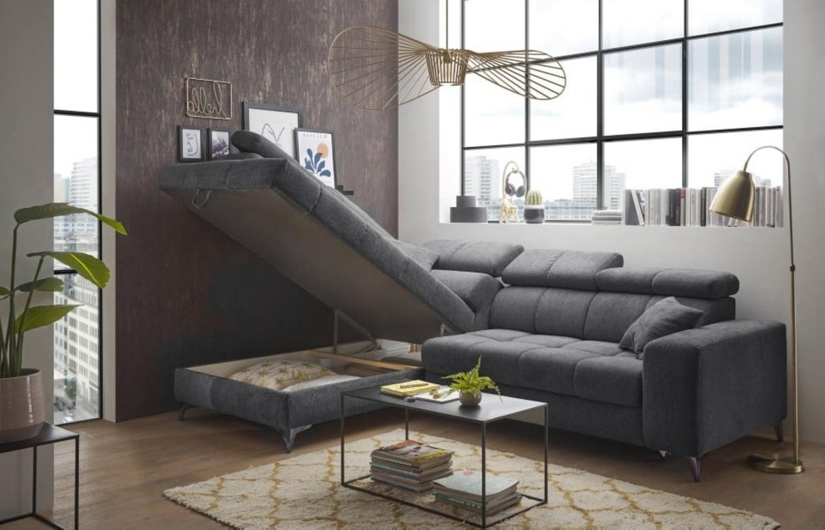 ECKSOFA mit Schlaffunktion und Bettkasten, Luxus-Mikrofaser - Anthrazit/Schwarz, Textil/Metall (282/198cm) - ed exciting design