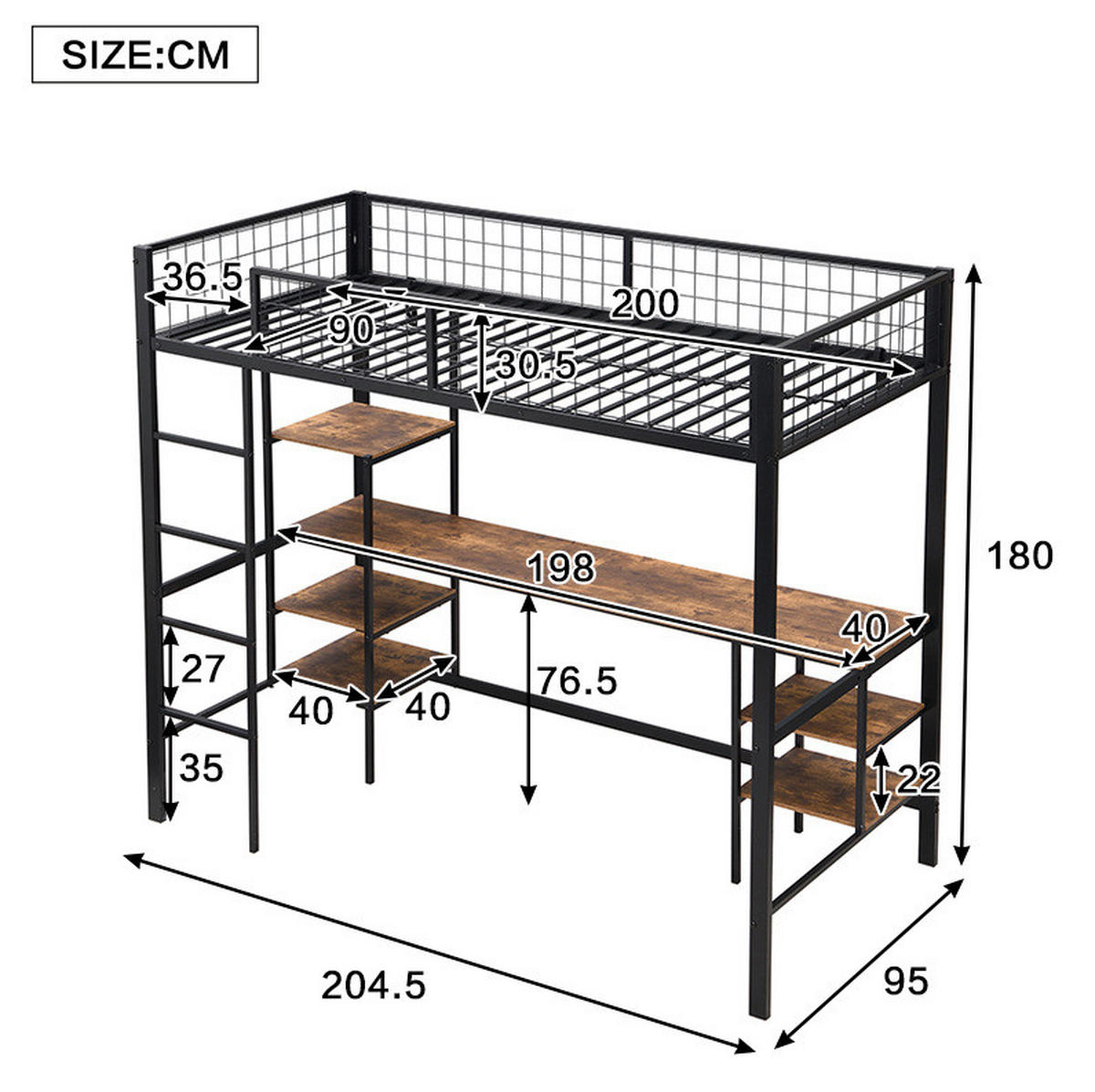 ETAGENBETT 90/200 cm mit Schreibtisch, Regalen, 4-stufiger Leiter und Metallgestell, Schwarz, dunkle Holzfarbe - Schwarz, Metall (90/200cm) - Redom