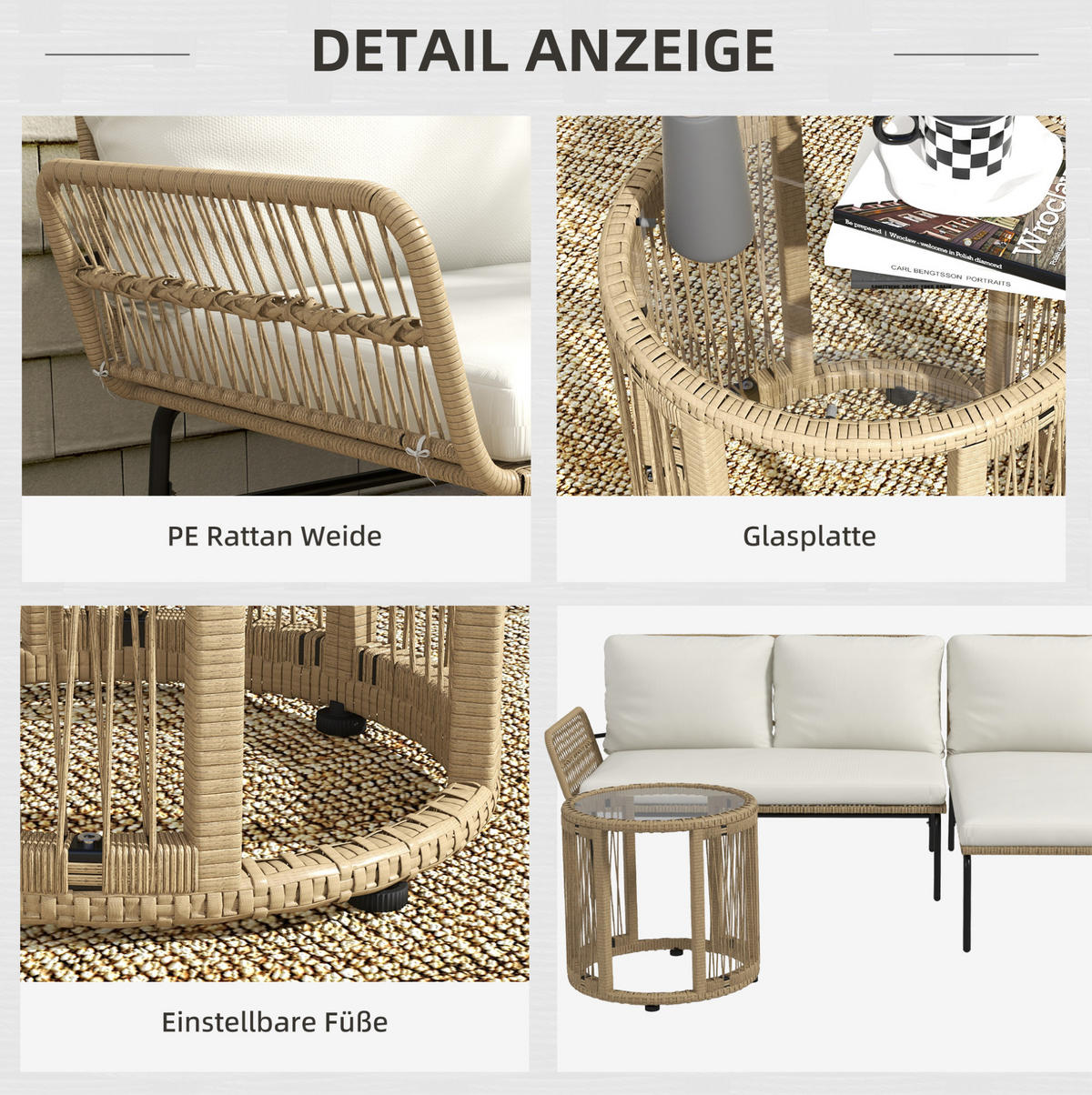 GARTENMÖBEL-SET 3-tlg. mit Sonnenliege, Zweisitzer und Tisch Cremeweiß - Weiß, Metall - Beauniv