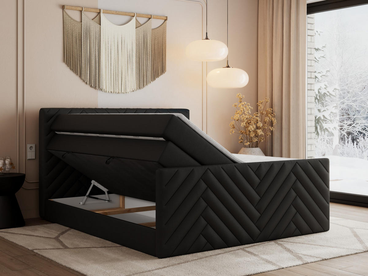BOXSPRINGBETT PARIS KING DUO - 120/200 - Schwarz Kunstleder - H3 - Schwarz, Holz/Textil (120/200cm) - MKS