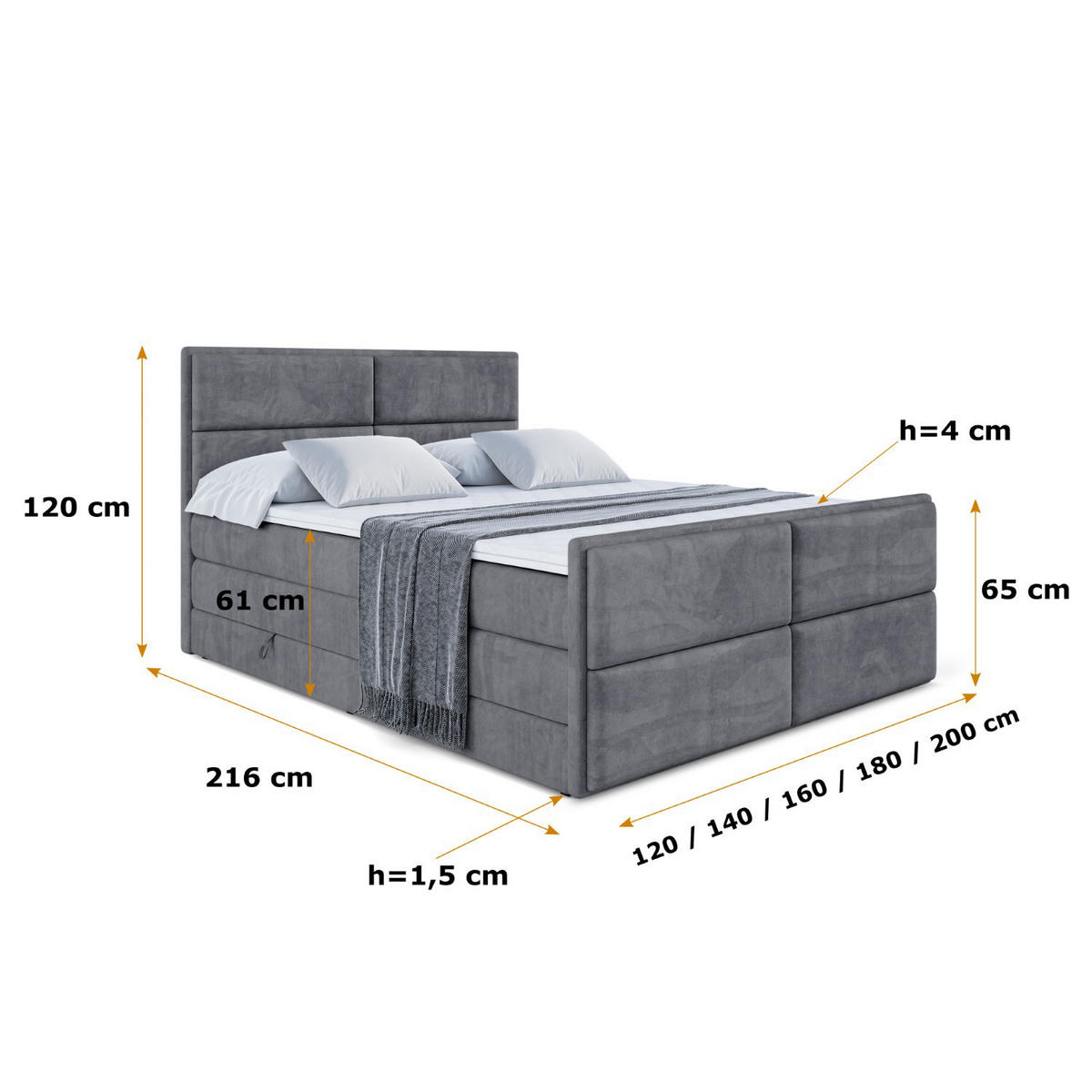 BOXSPRINGBETT AURA-Z KING - 160 x 200 - H3/H4 - Dunkelgrau - Dunkelgrau, Holzwerkstoff (160/200cm) - ALTDECOR
