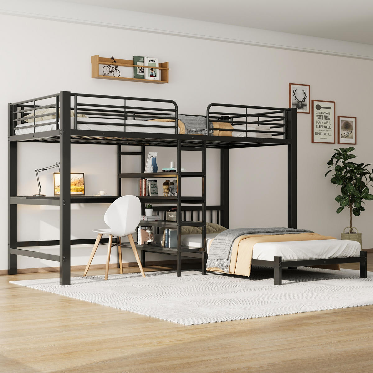 ETAGENBETT 90/200 cm Schwarz mit Schreibtisch, Kleideraufbewahrung, USB- und Type-C-Schnittstelle - Schwarz, Metall (90/200cm) - Oxeza