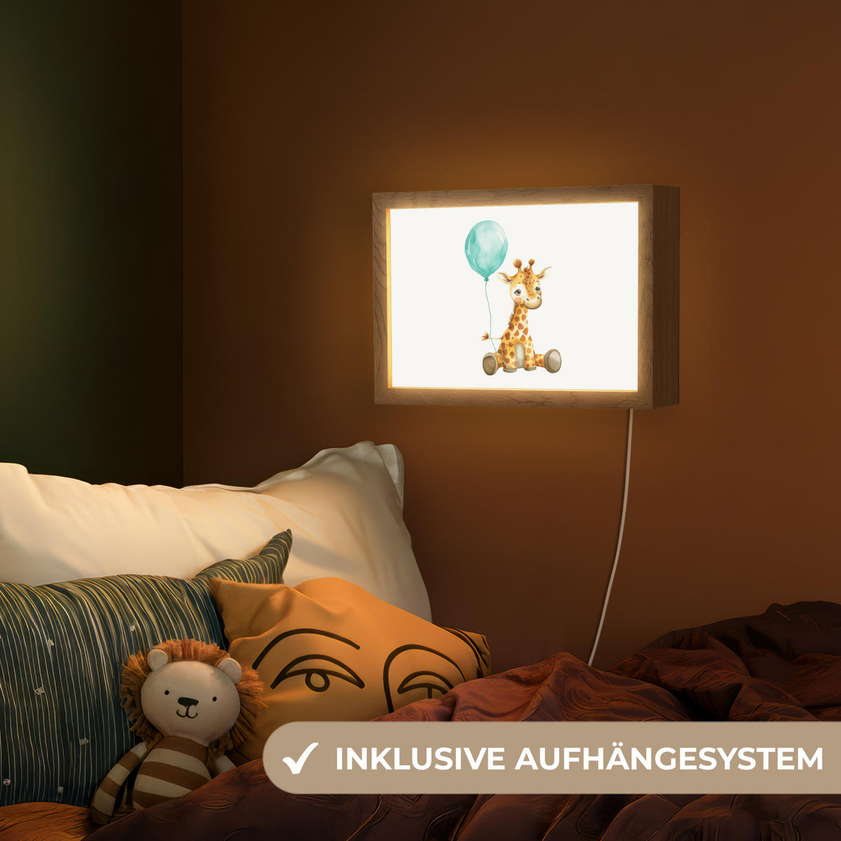 NACHTTISCHLAMPE Giraffe - Baby - Tiere - Blauer Ballon 30x20 cm - Weiß, Holzwerkstoff (8/30/20cm)