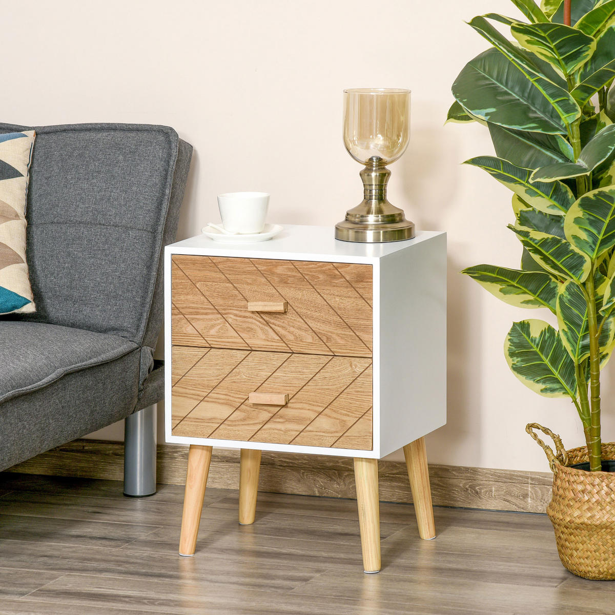 NACHTTISCH Weiß und Natur MDF und Holz mit 2 Schubladen 1er-Set - Weiß, Holz (40/55.5/30cm) - PANGIVO